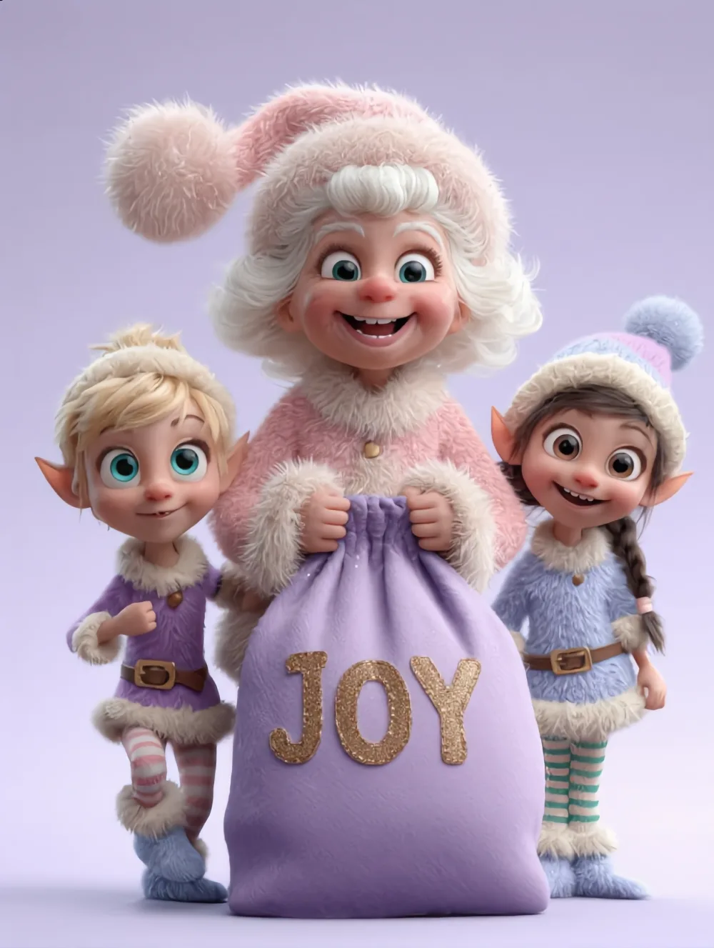 Mrs Claus and two elves, Lilac